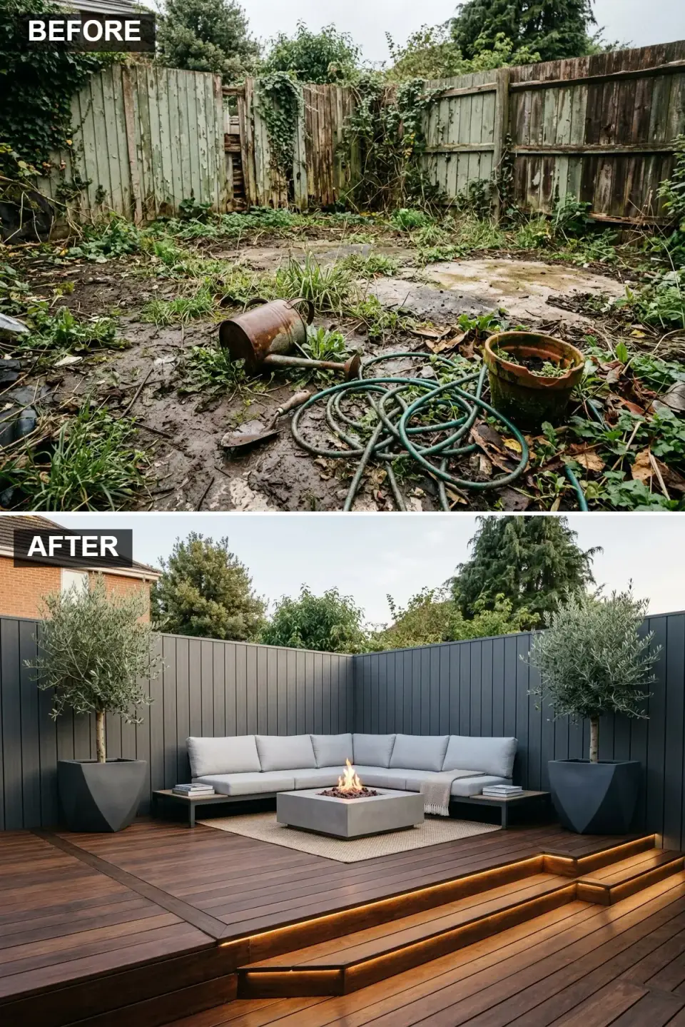 Multi-level dark teak deck with charcoal grey vertical cladding backdrop, integrated LED strip lighting under steps, large L-shaped outdoor sofa around a square concrete fire pit, and two large olive trees in geometric charcoal planters
