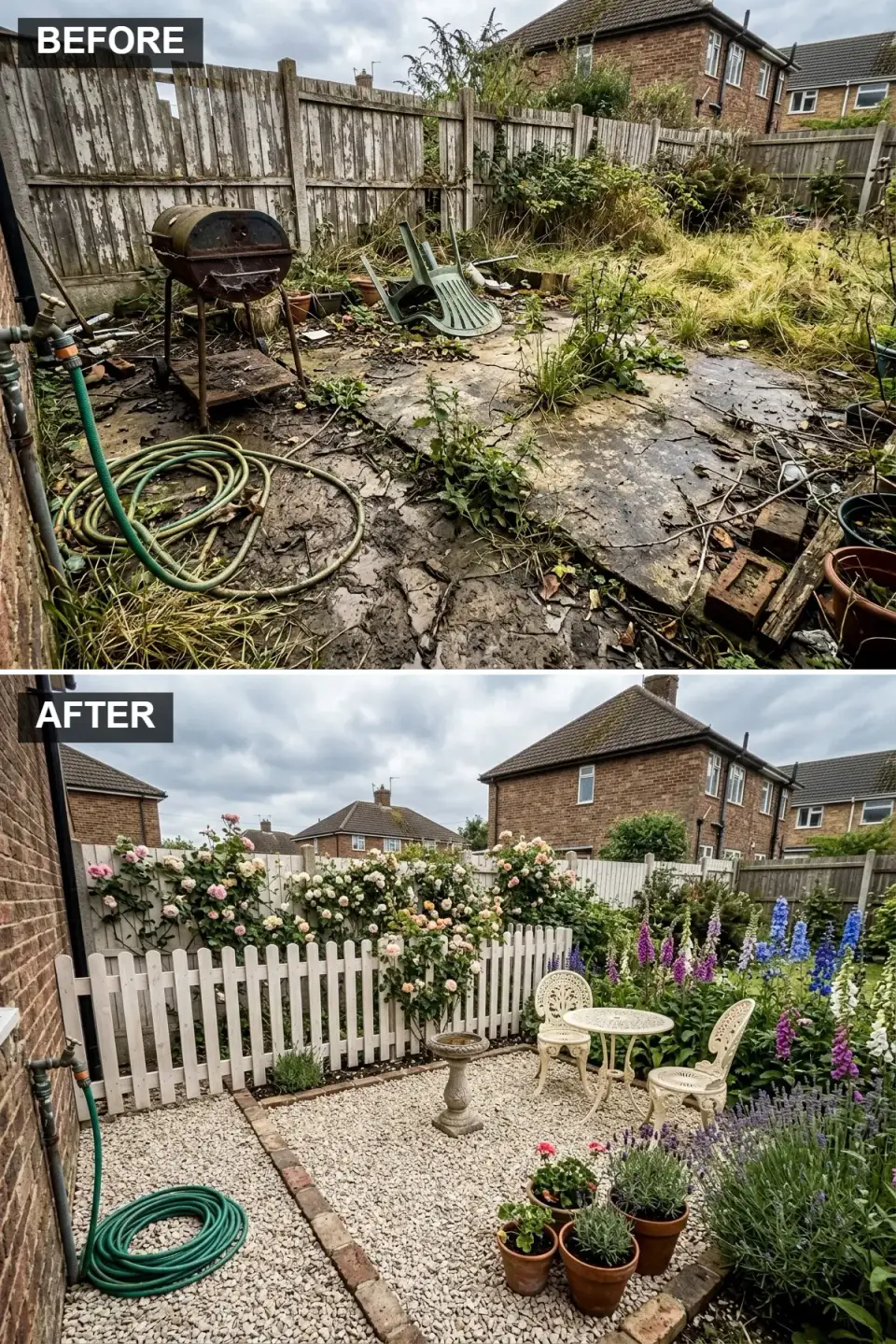 English cottage garden transformation with white picket fence, climbing pink and cream roses, gravel path leading to a black cast-iron bistro set, and a classic aged-stone birdbath surrounded by mixed cottage flowers