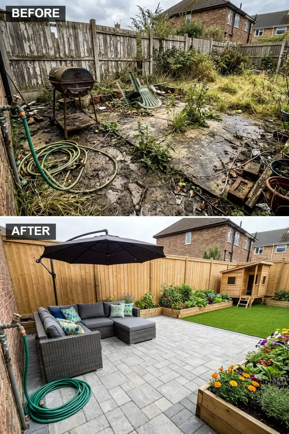 Family-friendly backyard with large area of low-maintenance artificial turf, natural pine wooden playhouse with small climbing features, raised cedar sleeper beds planted with vegetables, comfortable grey rattan sofa set under a large charcoal cantilever parasol, and light grey block pavers