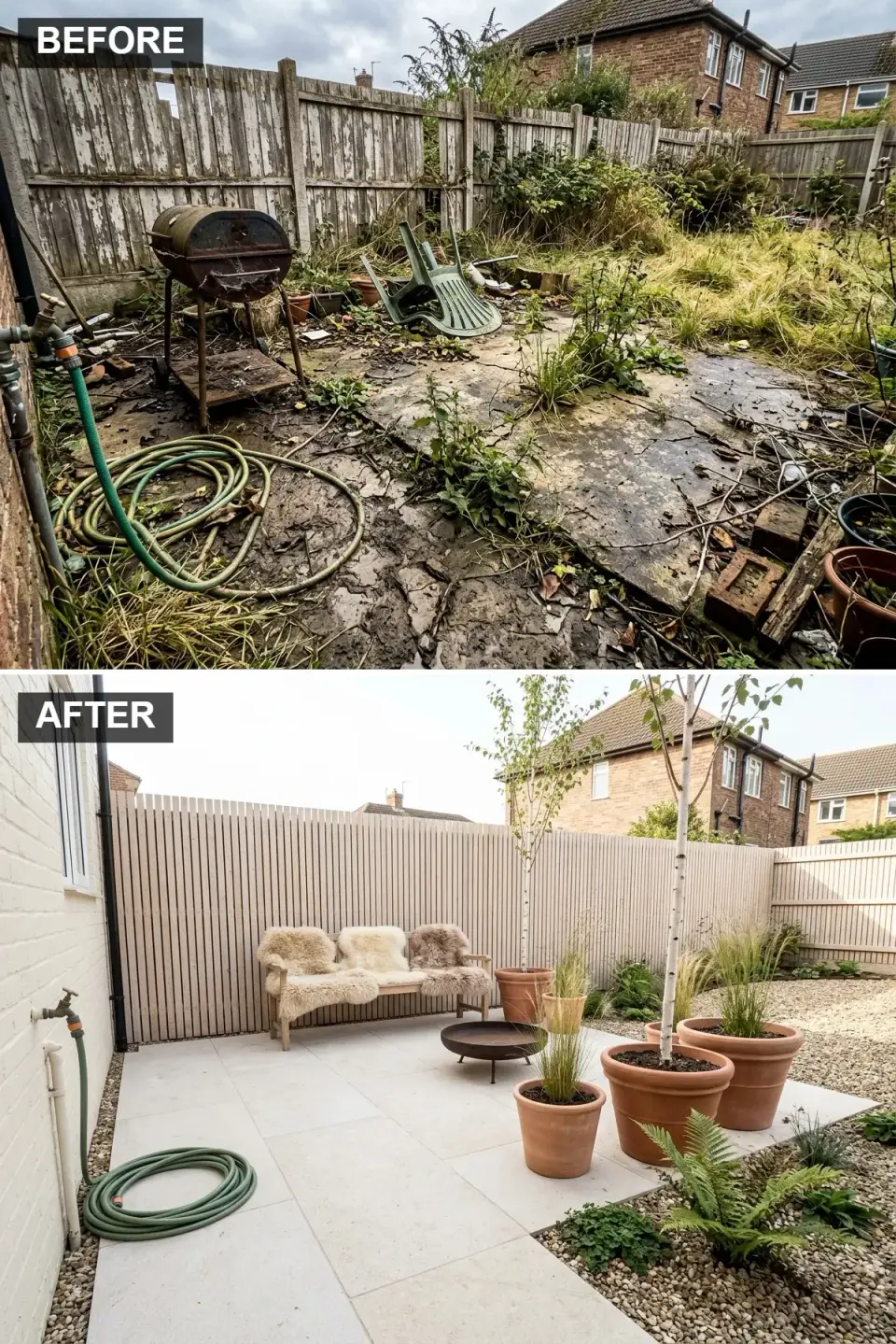 Scandinavian-inspired backyard retreat with vertical pale timber slat fence, large-format pale grey stone pavers, minimal wooden bench layered with cream sheepskin throws, small modern fire bowl, and clumped birch trees in terracotta planters