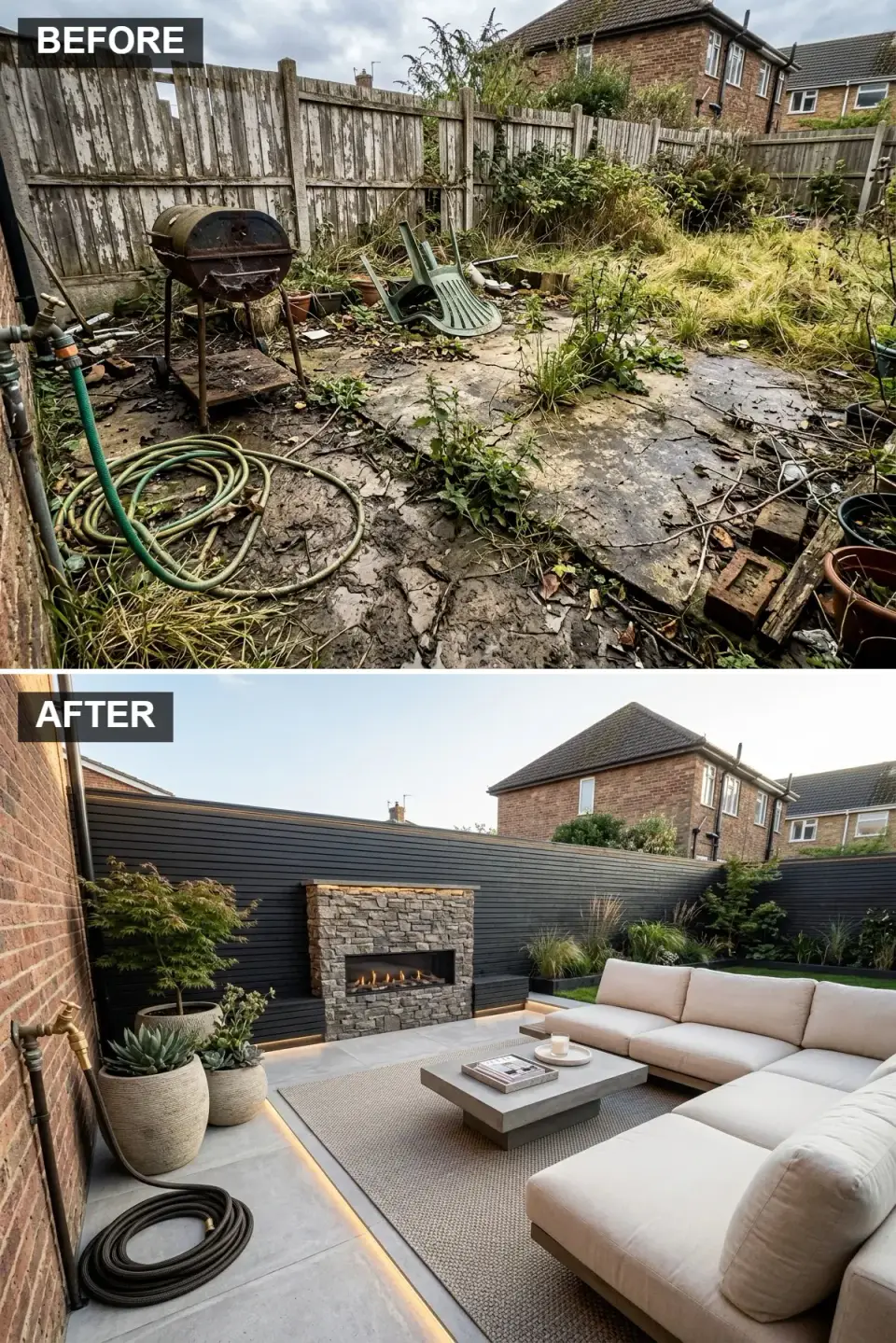 Modern outdoor luxury lounge with dark horizontal slatted fence, stacked-stone fireplace wall with a linear gas fire insert, large grey sectional sofa, concrete coffee table, and warm LED strip lighting under seating and coping