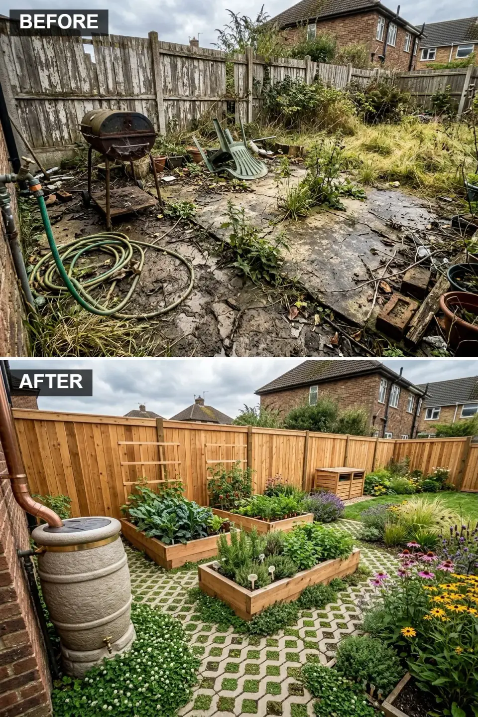 Productive kitchen garden with natural cedar fence and raised beds overflowing with tomatoes and leafy vegetables, aged copper downspout connected to a decorative rain barrel, and permeable concrete paving grid planted with clover pathways