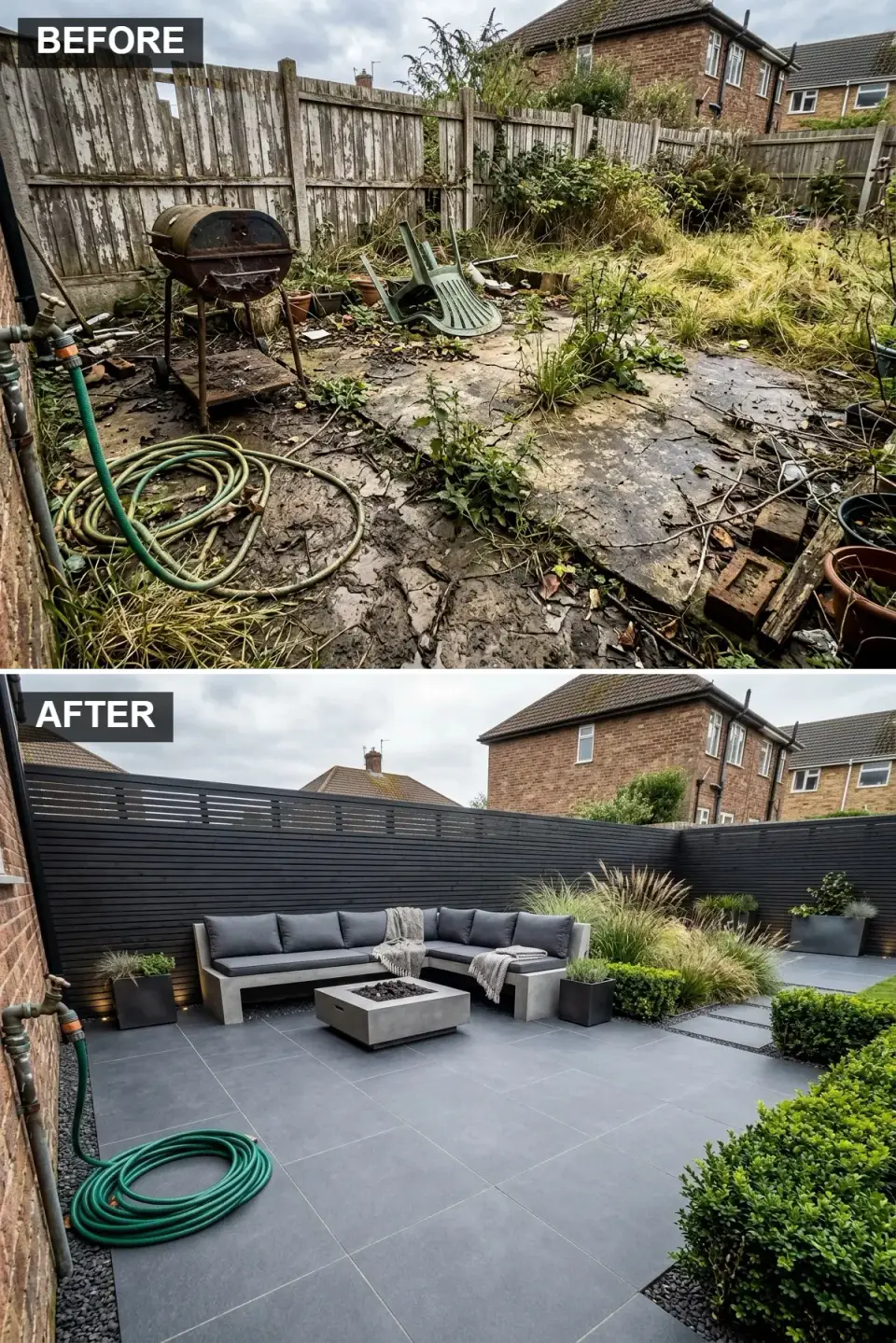 Contemporary backyard patio with large-format dark grey porcelain floor tiles, built-in L-shaped concrete corner bench with charcoal fabric cushions, square cast-concrete fire pit with gas ring, black horizontal slat fence, and architectural box ball shrubs in geometric planters