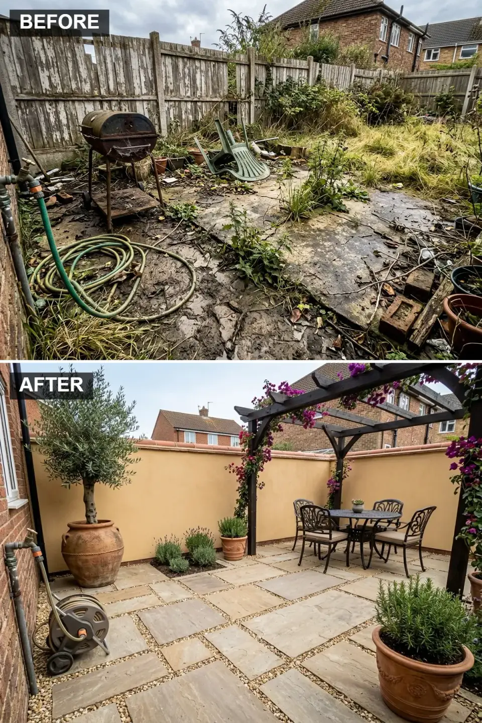 Mediterranean courtyard with warm ochre stucco perimeter walls, dark stained wood pergola draped with flowering bougainvillea, cast aluminum dining set on textured sandstone paving, and large rustic terracotta pots planted with an olive tree and lavender