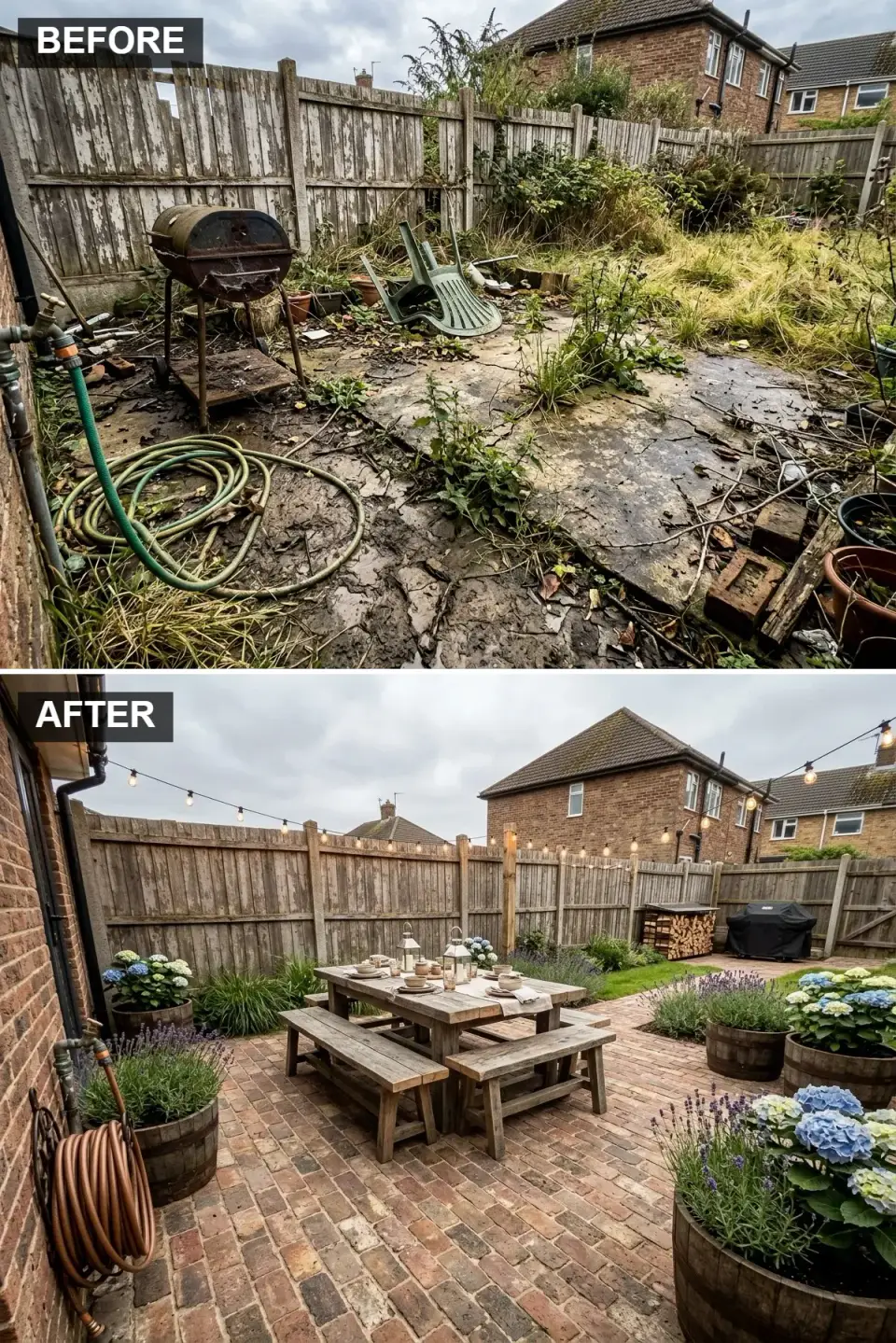 Rustic dining patio with reclaimed red brick laid in herringbone pattern, a chunky weathered oak picnic table with bench seating set for dinner, warm-toned string bistro lights strung overhead from timber posts, and repurposed aged whiskey barrels planted with hydrangeas and lavender