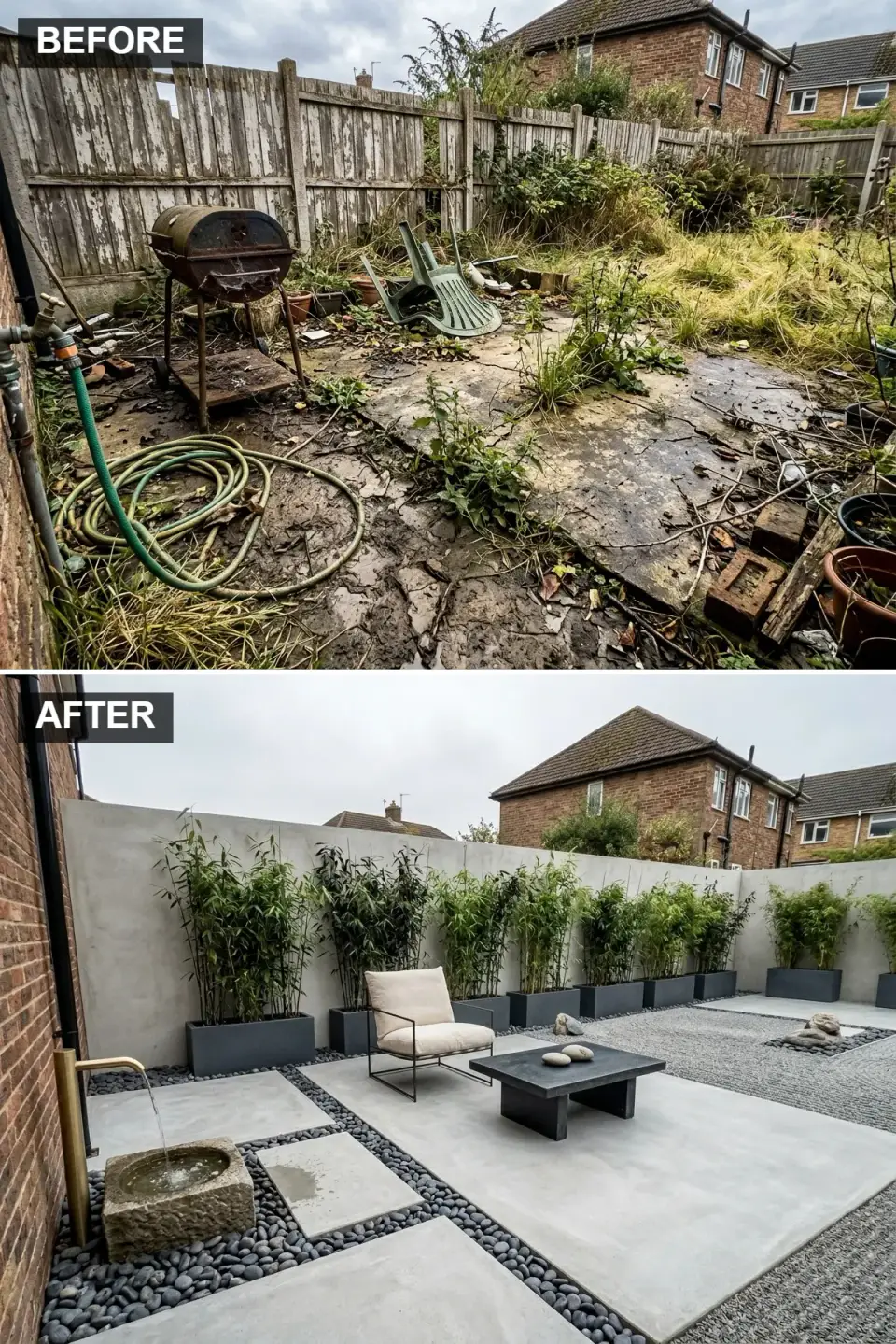 Zen-inspired minimalist backyard sanctuary with smooth pale concrete walls, large square pale concrete stepping pavers separated by dark grey river pebble rills, a simple stone water basin with brushed brass spout, single minimalist black lounge chair, and clumping bamboo in sleek matte dark grey planters