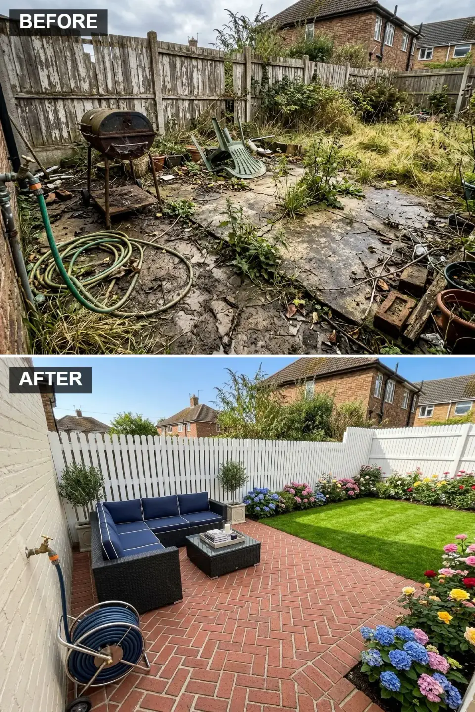Classic backyard with white picket fence, manicured green lawn bordered by colorful hydrangea and rose flower beds, traditional red brick herringbone patio, dark grey rattan corner sofa set with deep navy blue cushions, and mature perimeter plantings