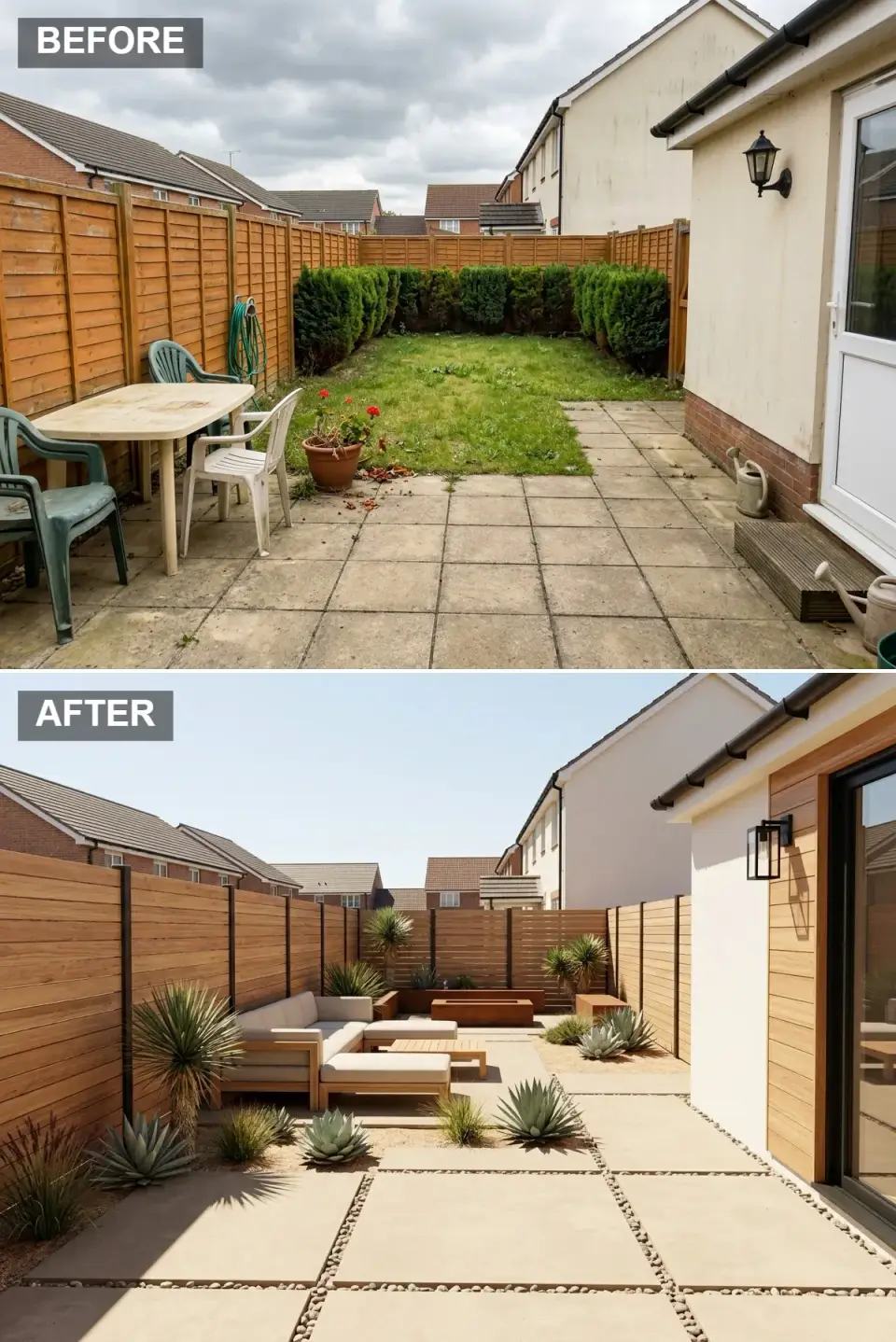 Desert modern small backyard before and after with horizontal cedar fencing, dark metal posts, large-format concrete pavers separated by river stone, low teak sectional with oatmeal cushions, built-in fire pit, and sculptural agaves