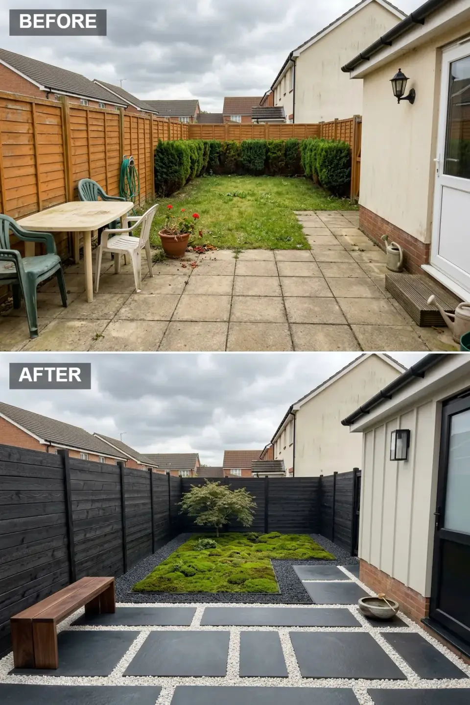 Wabi-sabi Japanese small backyard before and after with charred black timber fence in wide horizontal boards, large black slate pavers in white pea gravel, emerald moss, single Japanese maple, dark wood bench, cream vertical cladding, and stone water basin with bamboo ladle