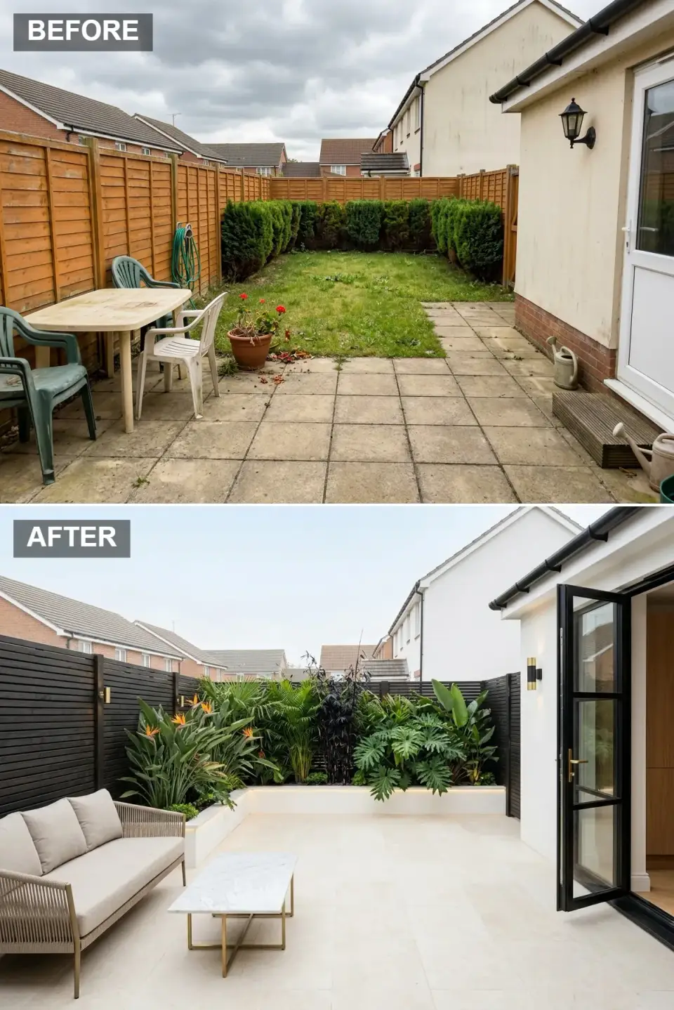 Tropical resort-style small backyard before and after with sleek black horizontal slat fence and brass gate hardware, white porcelain tiles, raised white-rendered planter of Bird of Paradise Monstera and ferns with LED uplighting, woven rope sofa with oatmeal cushions, Calacatta marble coffee table on brass frame, and bi-fold doors