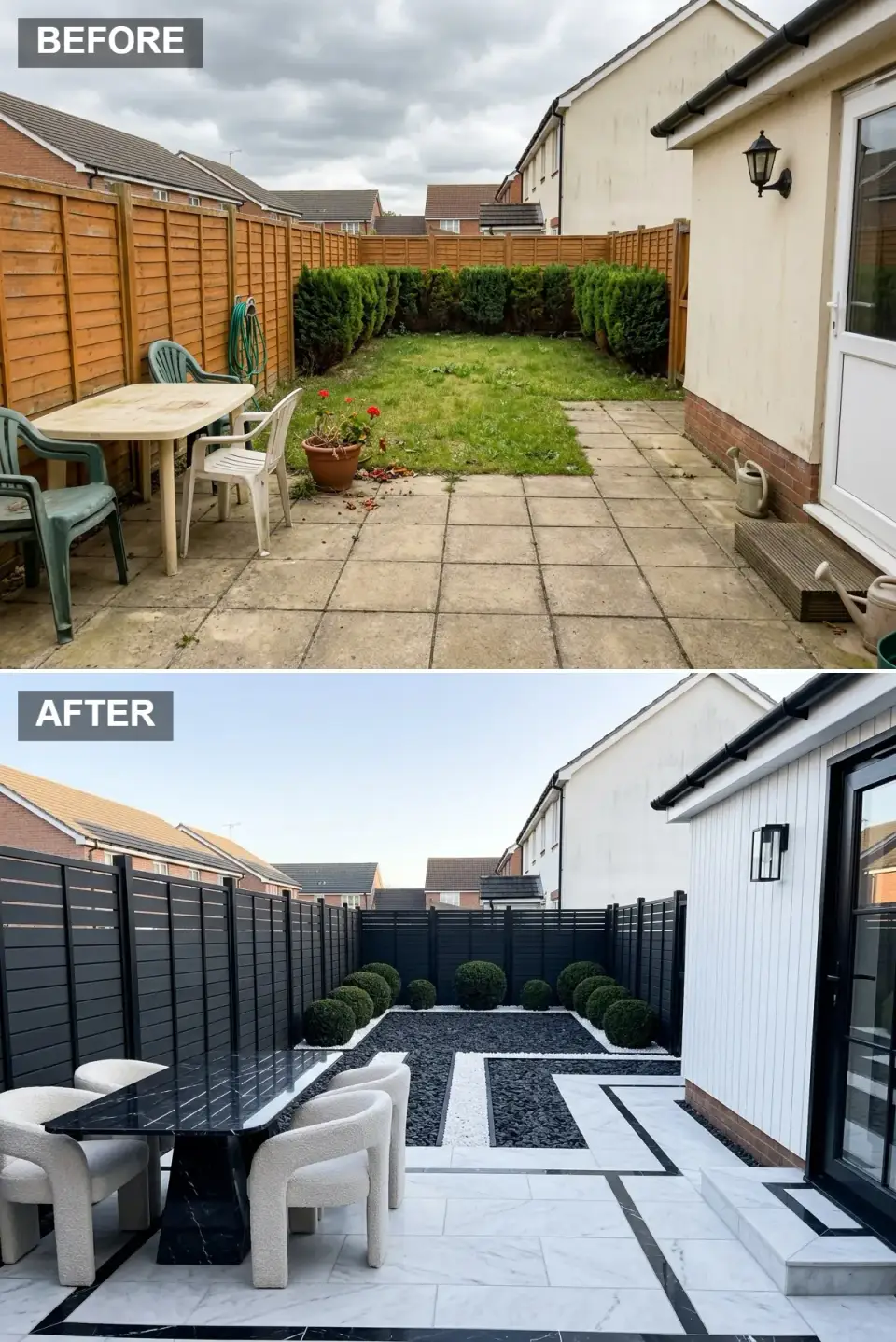 Art Deco monochrome small backyard before and after with black horizontal slat fence with silver-grey spacers, white marble-look porcelain tiles with black marble inlay strips, black and white striped pebble garden, spherical boxwood topiary, glossy black marble dining table, and white boucle chairs