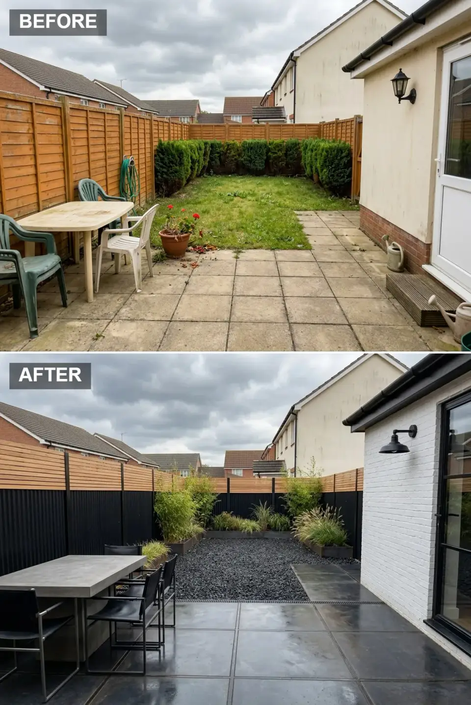 Industrial monochrome small backyard before and after with warm larch and black corrugated fencing, white painted brick wall, black steel doors, dark polished tiles, Corten steel planters with bamboo, poured concrete dining table, and black leather chairs