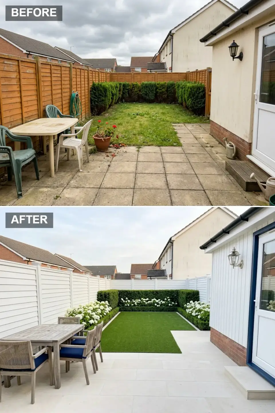 Hamptons coastal small backyard before and after with crisp white painted fence, pale limestone tiles, manicured central lawn, clipped boxwood and white hydrangeas, weathered teak dining set with navy cushions, and polished chrome nautical lantern