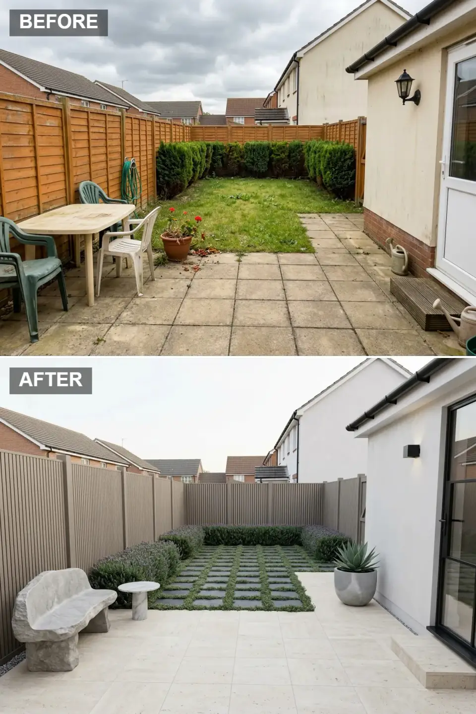 Minimalist Mediterranean small backyard before and after with warm greige vertical slat fence, pale travertine tiles, geometric basalt paver grid planted with creeping thyme, lavender and boxwood borders, stone bench, marble side table, and silver-grey planter with agave
