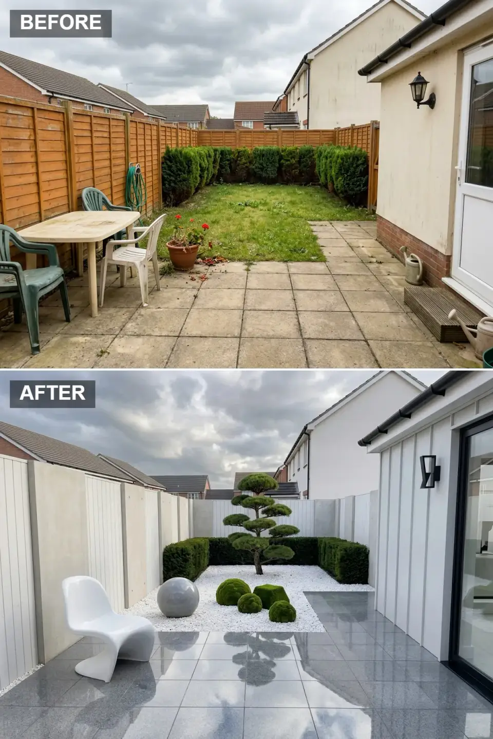 Sculptural Japanese Zen small backyard before and after with white painted timber and pale concrete panel fencing, high-gloss grey porcelain tiles, raked white gravel, cloud-pruned pine topiary, rounded moss mounds, grey stone sphere, and white sculptural chair