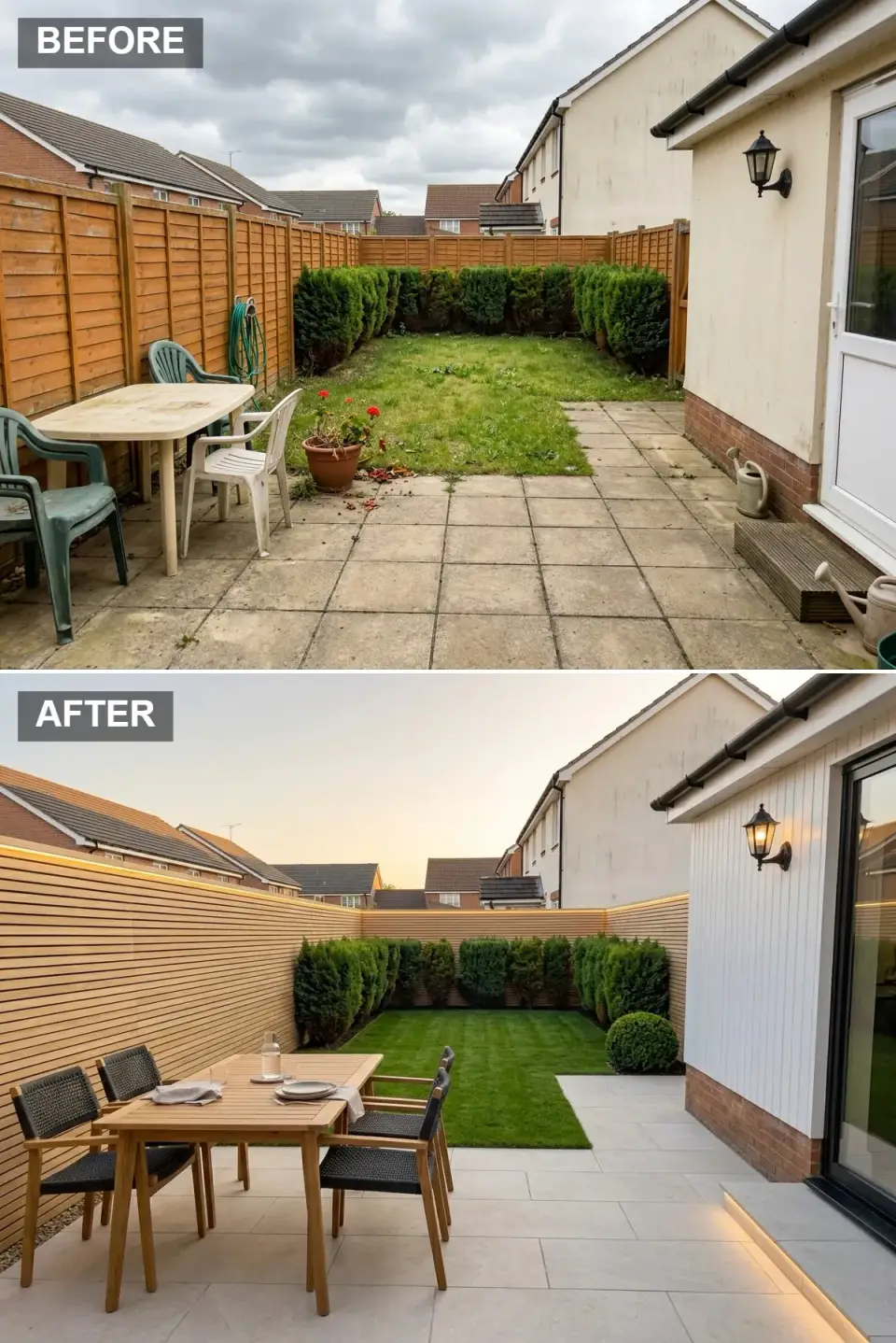 Scandinavian Japandi small backyard before and after with closely spaced horizontal oak slat fence, warm cream porcelain tiles, striped re-turfed lawn, clipped yew hedges, light oak dining table, black rope chairs, and integrated LED strip lighting