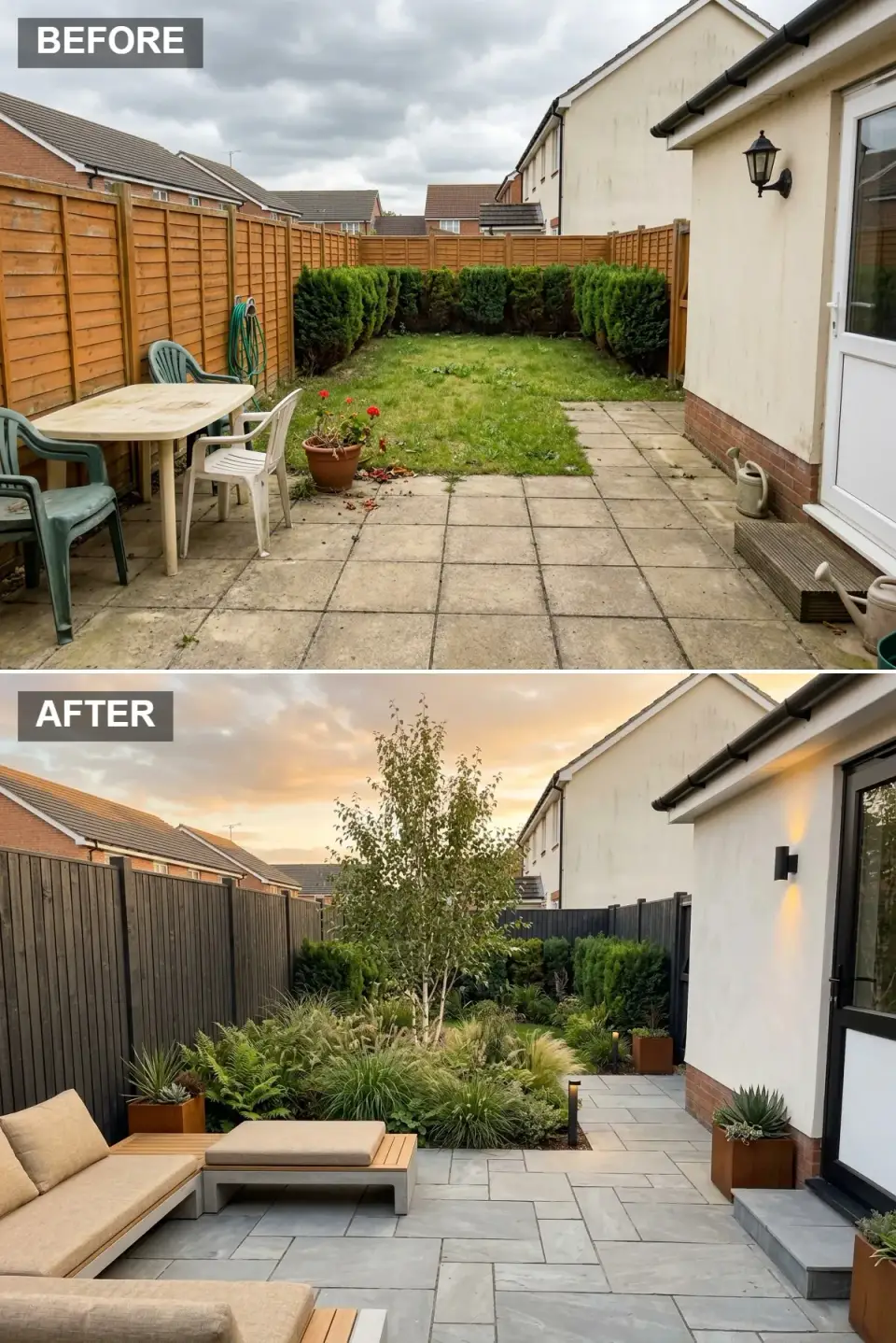 Naturalistic woodland small backyard before and after with charred dark brown stained fence, irregular grey sandstone tiles, multi-stemmed silver birch underplanted with ferns and grasses, low teak and aluminium sofa with sand cushions, Corten planters, and black bollard lights