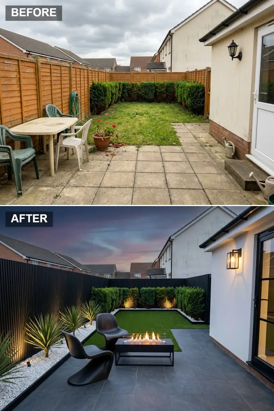 Glamorous evening small backyard before and after with jet-black vertical slat fence, dark grey polished tiles, artificial turf rectangle edged in white pebbles and black metal, two sculptural black chairs, rectangular gas fire table, uplit yuccas, and black glass wall lantern