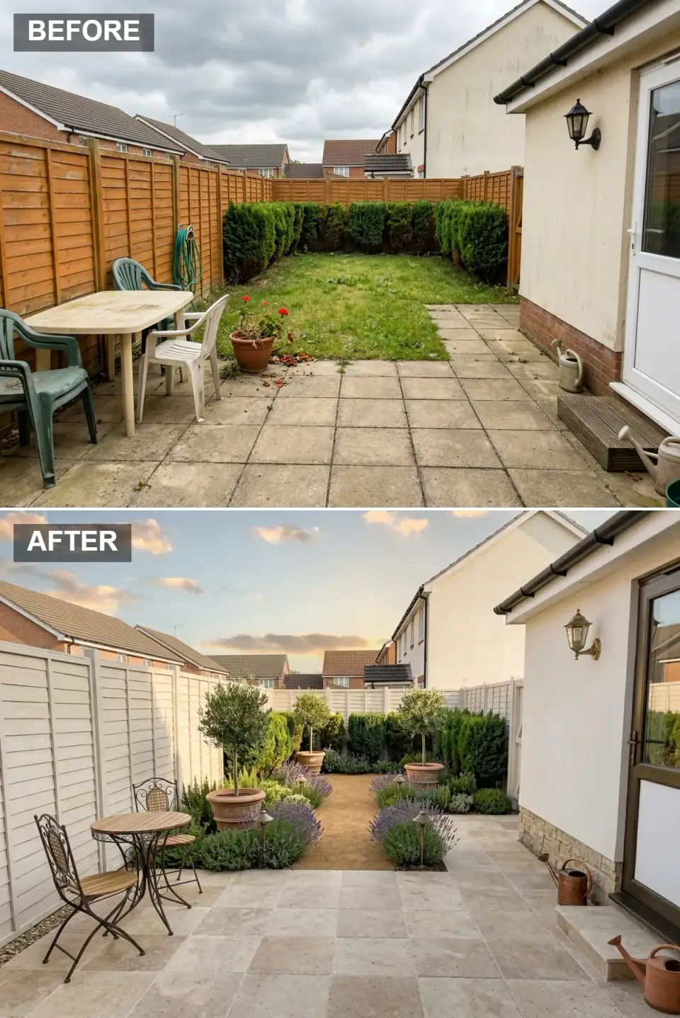 Rustic Provence small backyard before and after with white painted fence, tumbled travertine tiles, decomposed granite path, lavender and rosemary borders, standard olive trees in oversized terracotta pots, wrought-iron bistro set, and vintage brass lantern