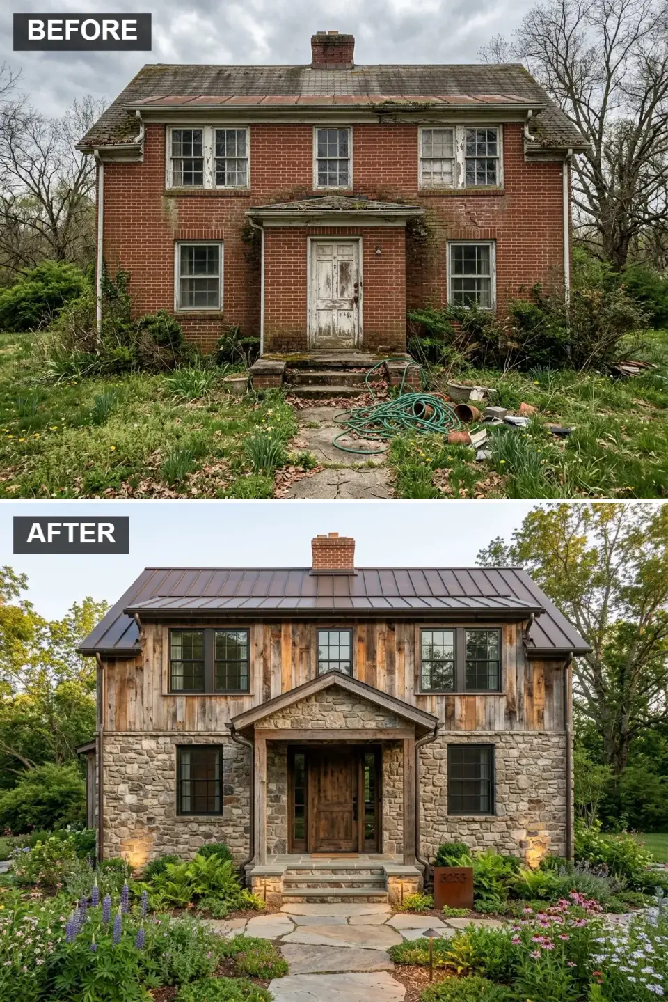 Two-story farmhouse facade renovation with Eldorado Stone Cliffstone veneer on the first floor, Maibec weathered-oak vertical board-and-batten on the second, Englert 1300 dark-bronze standing seam roof, and a heavy timber-frame portico with a fieldstone base
