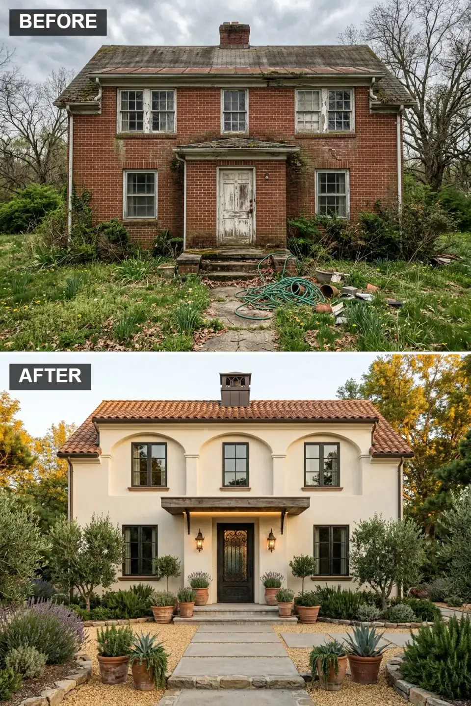 Two-story Spanish Colonial facade with LaHabra light-beige integral-color stucco, MCA two-piece terracotta barrel roof, flat-roofed entry portico supported by heavy weathered-wood corbels, arched iron door, and deeply recessed arched second-story windows