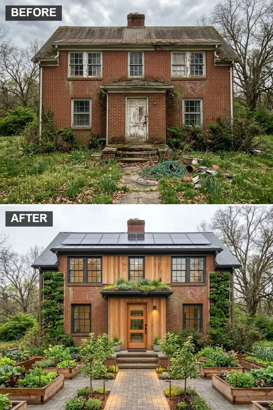 Brick-and-wood facade keeping the original red brick cleaned and sealed, adding a central Kebony or thermally modified ash vertical cladding accent, Florafelt vertical green-wall panels on either flank, and a low-profile integrated Tesla Solar Roof V3 in charcoal