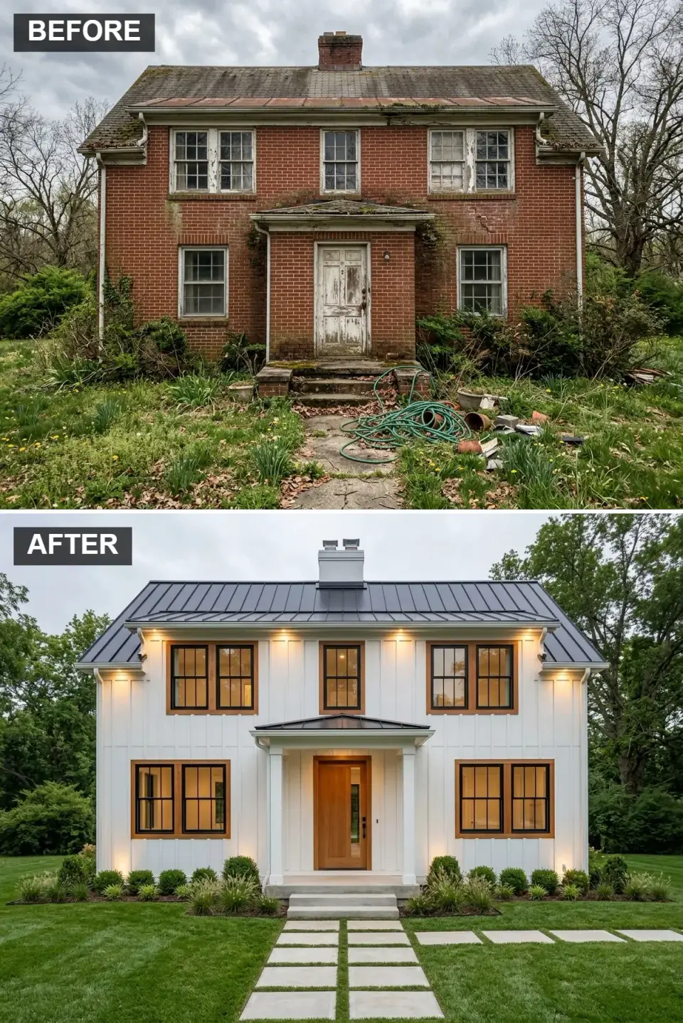 Two-story Scandinavian-inspired farmhouse facade with James Hardie Artisan V-groove siding painted Benjamin Moore Chantilly Lace OC-65, Englert 1300 graphite standing seam metal roof, a minimalist shed portico, and a white oak door with divided glass panels and Marvin Ultimate black-framed windows