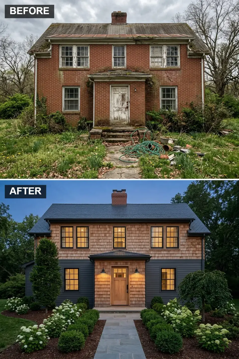 Coastal shingle-style two-story facade with Maibec natural-cedar shakes on the upper floor, James Hardie Plank in Aged Pewter for the lower floor, DECRA stone-coated slate roof, and a simple craftsman portico over a Simpson white oak door with divided lights