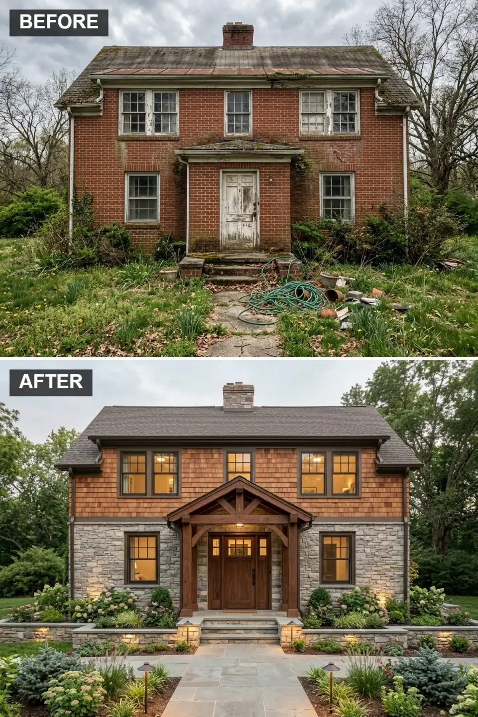 Two-story mountain craftsman facade with Eldorado Stone Mountain Ledge veneer on the first floor, Maibec honey-cedar shakes on the upper gable, heavy Douglas fir timber portico with exposed truss and decorative knee braces, and Marvin Ultimate bronze-clad windows with two-over-one divided lights