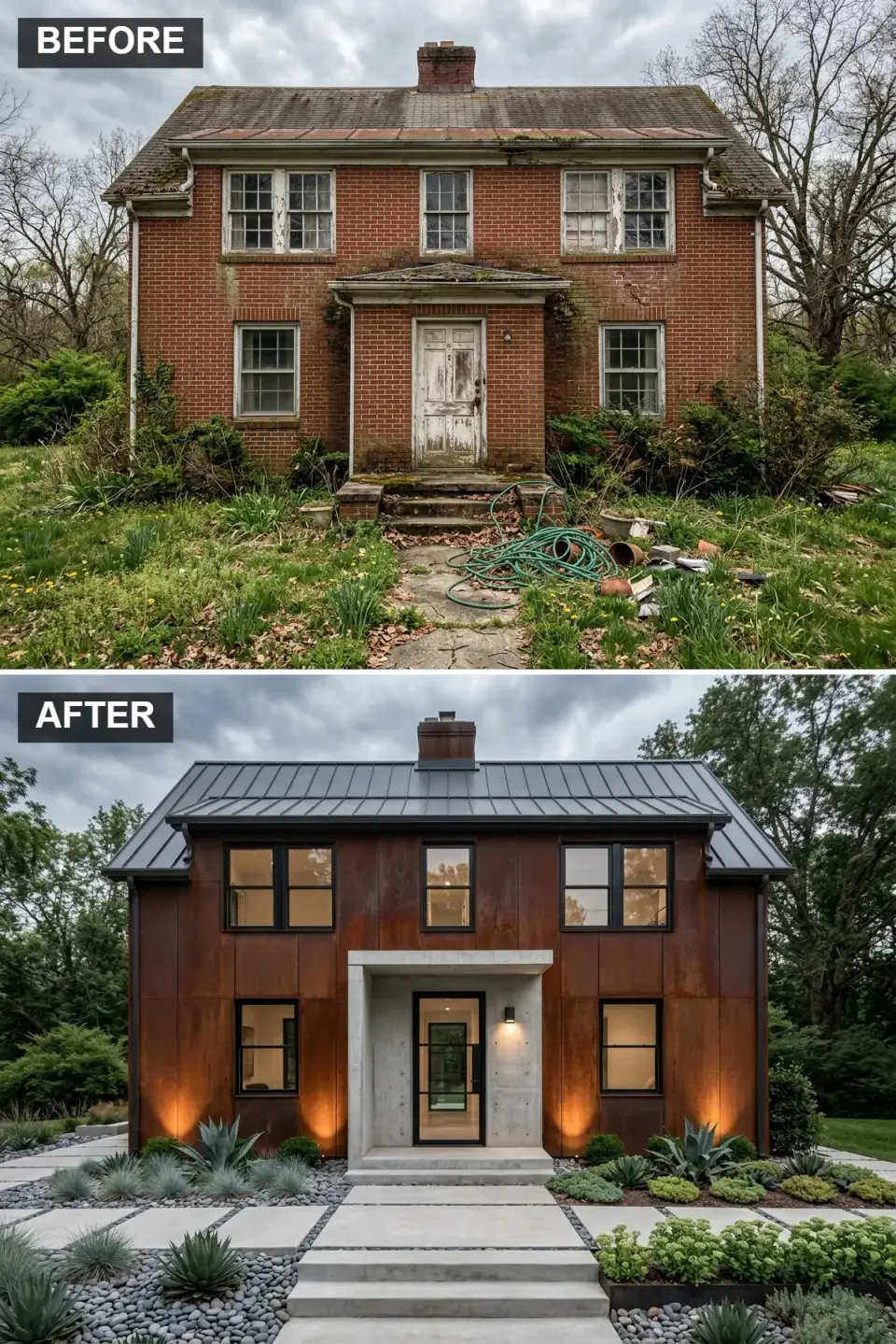 Ultra-modern facade clad entirely in ATAS Pinnacle Corten weathering steel panels with exposed fastener lines, a raw board-formed concrete portico, floor-to-ceiling Fleetwood Archetype 3070-T glass-and-metal pivot door, and Marvin Modern oversized black-framed fixed windows