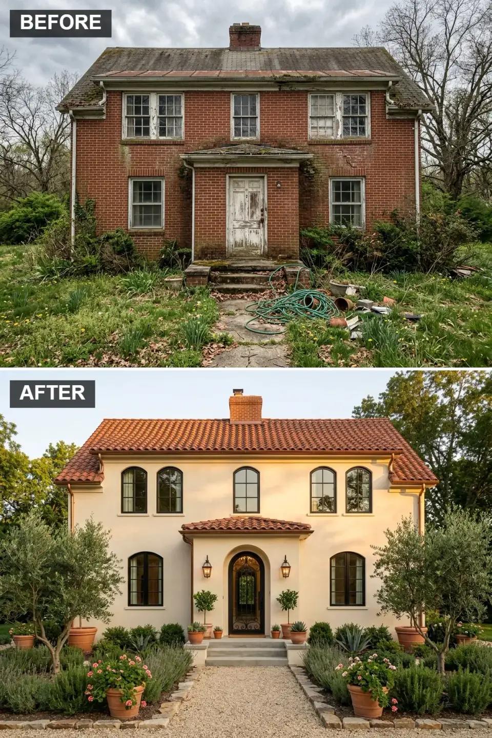 Mediterranean villa facade with LaHabra smooth-finish cream stucco, MCA Clay Roof Tile Mission S barrel roof in Two-Piece Terracotta Blend, arched iron-and-glass front door, and Marvin Ultimate black-framed arched windows
