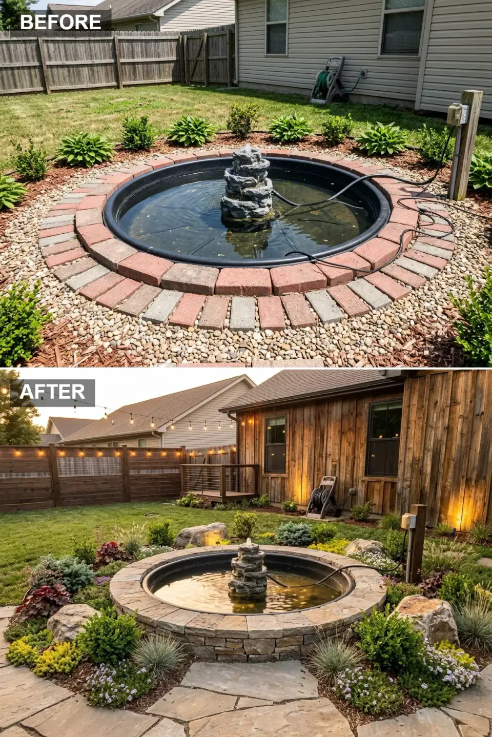Rustic twilight backyard pond transformation with stacked stone coping vertical cedar siding and warm string lights