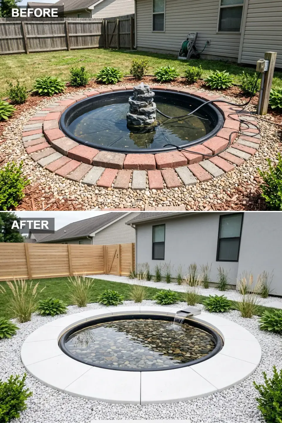 Scandinavian minimalist backyard pond with white concrete coping stainless steel scupper blonde wood fence and pale gray house