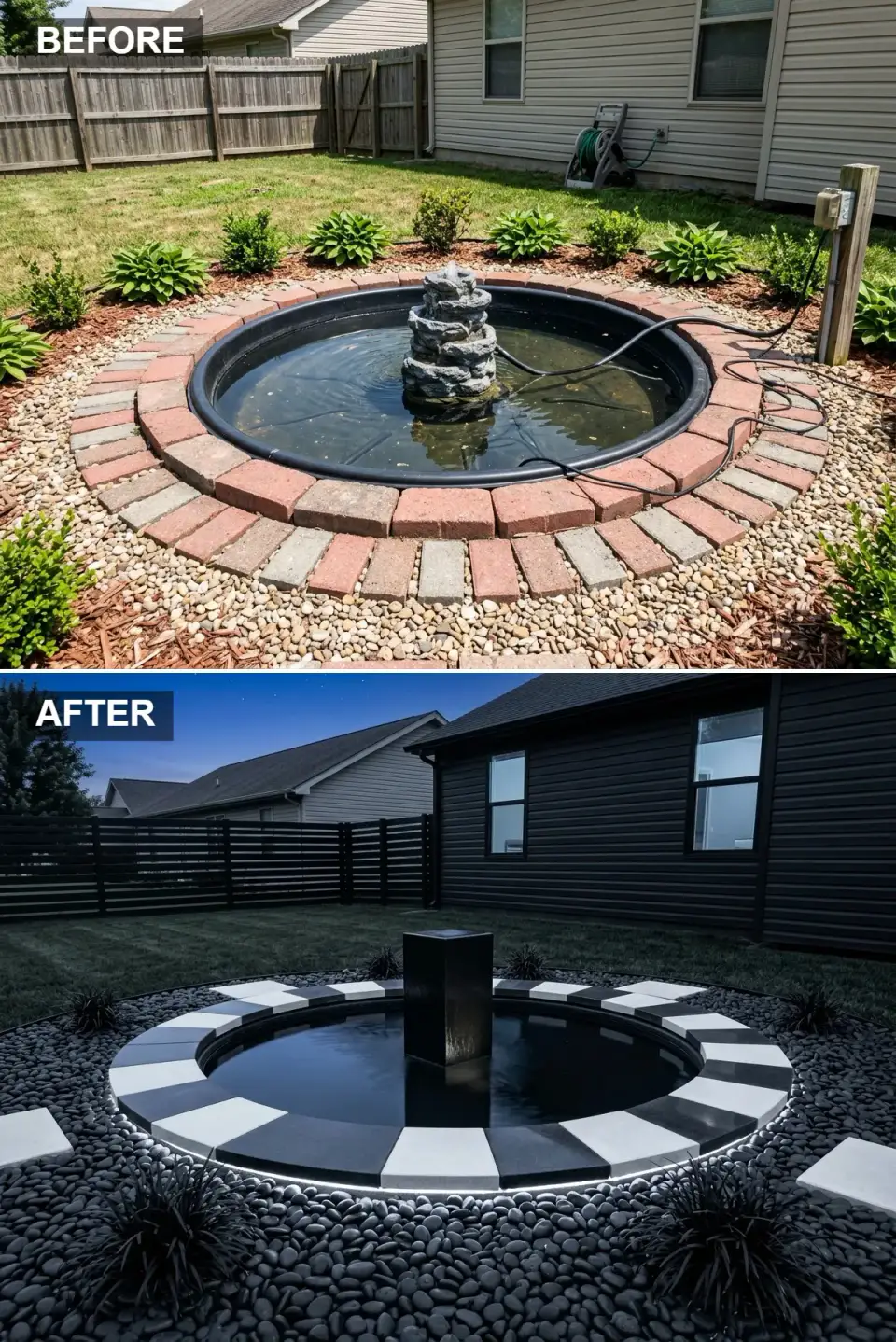 Noir nightscape backyard pond with black and white checkerboard coping monolithic black square fountain hidden LED lighting and black gravel