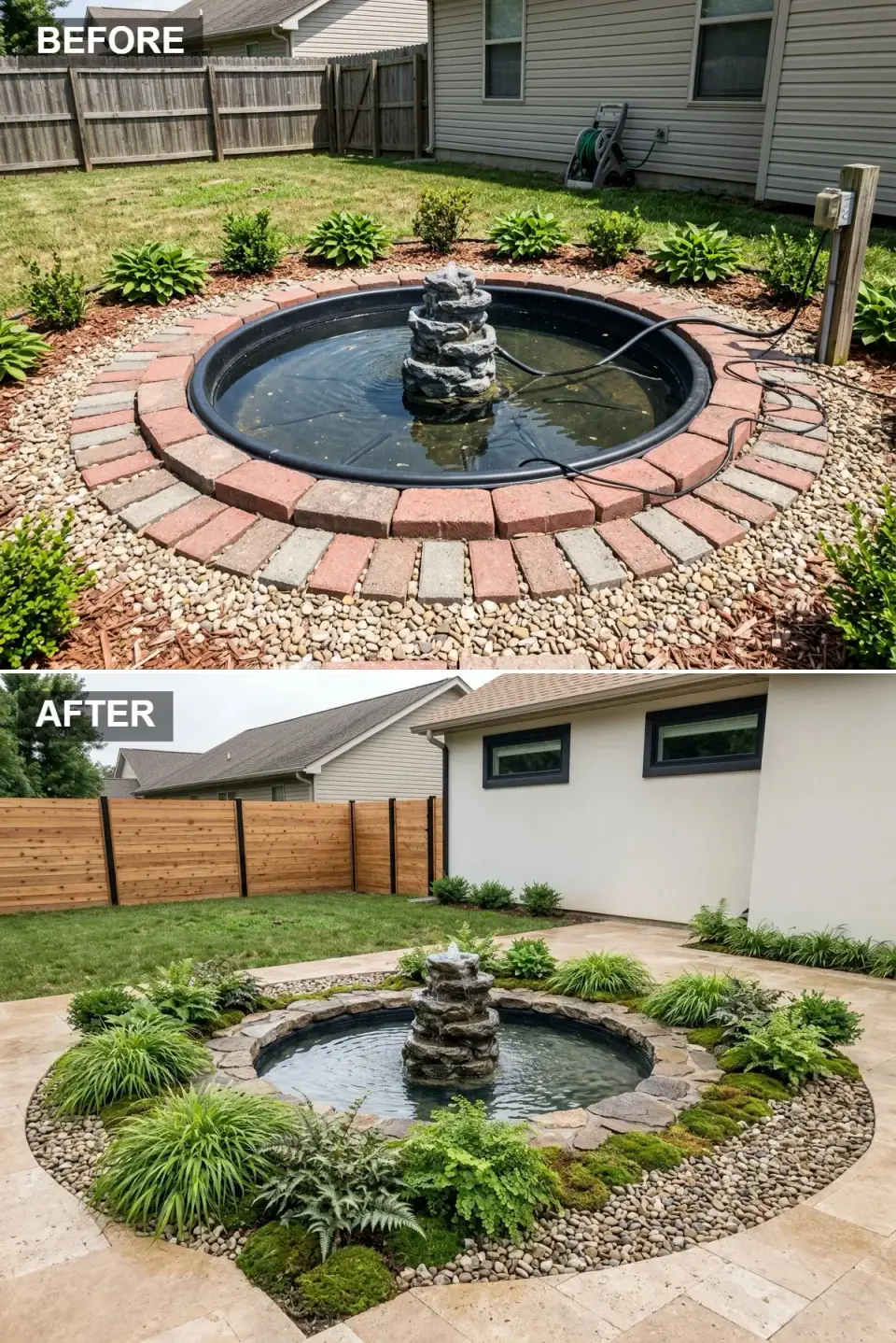 Japanese-inspired backyard pond with irregular flagstone moss ground cover horizontal cedar fence and black trim