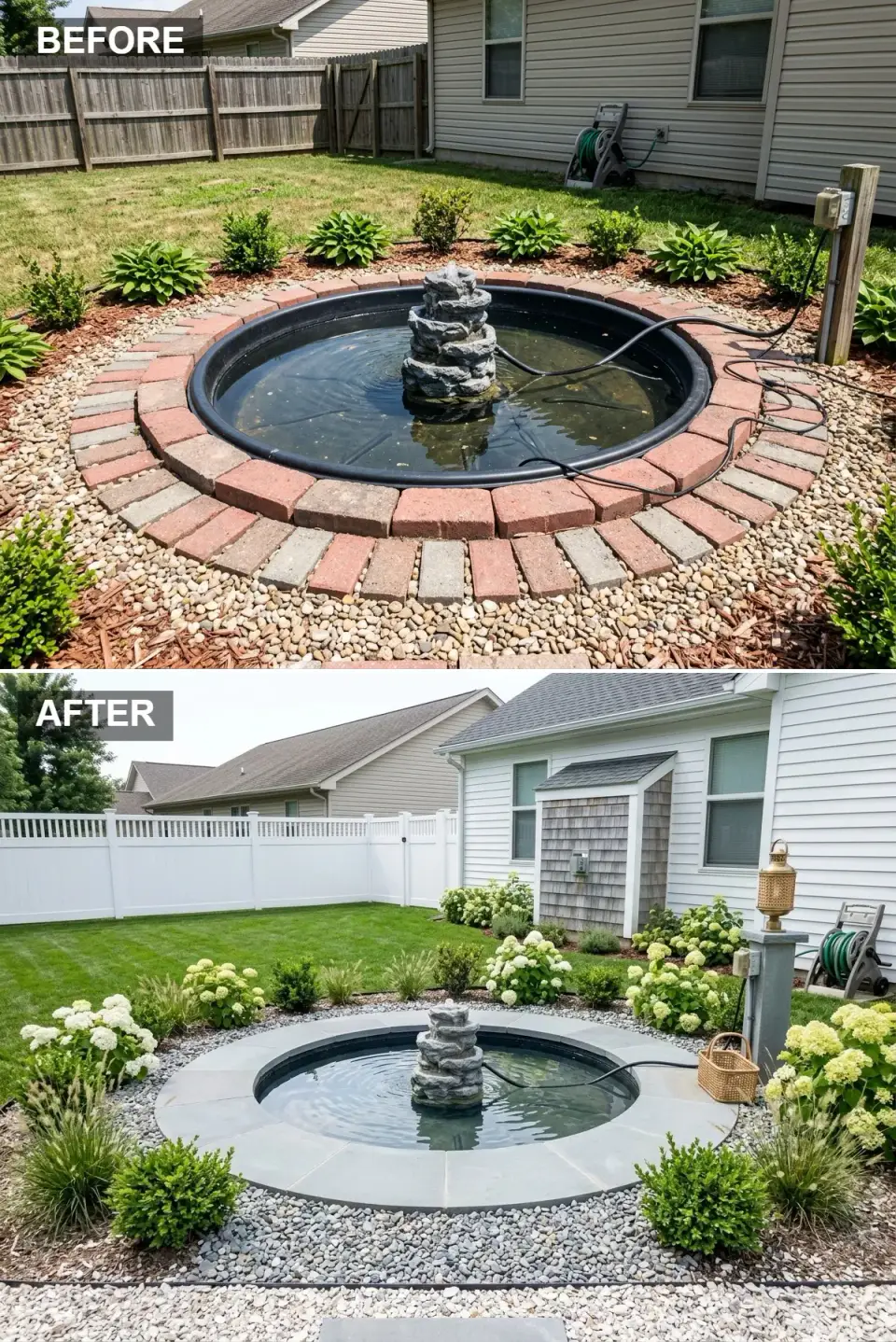 Hamptons-style coastal backyard pond with bluestone coping white vinyl fence boxwood hydrangea and brass lantern