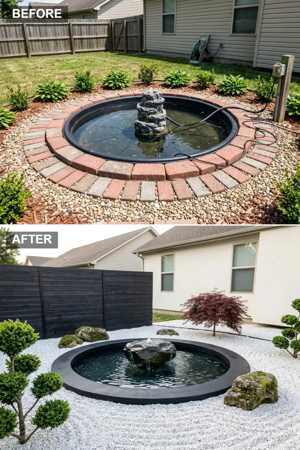 Minimalist zen backyard pond with thin black rim basalt column fountain white pea gravel and Japanese maple