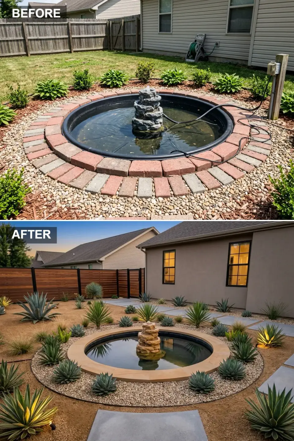 Desert oasis backyard pond with sandstone coping decomposed granite agave large concrete pavers and warm taupe stucco