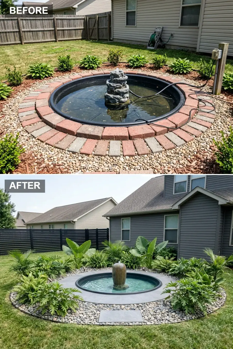 Tropical backyard pond with charcoal house siding bronze urn bubbler black slat fence and lush elephant ear ferns
