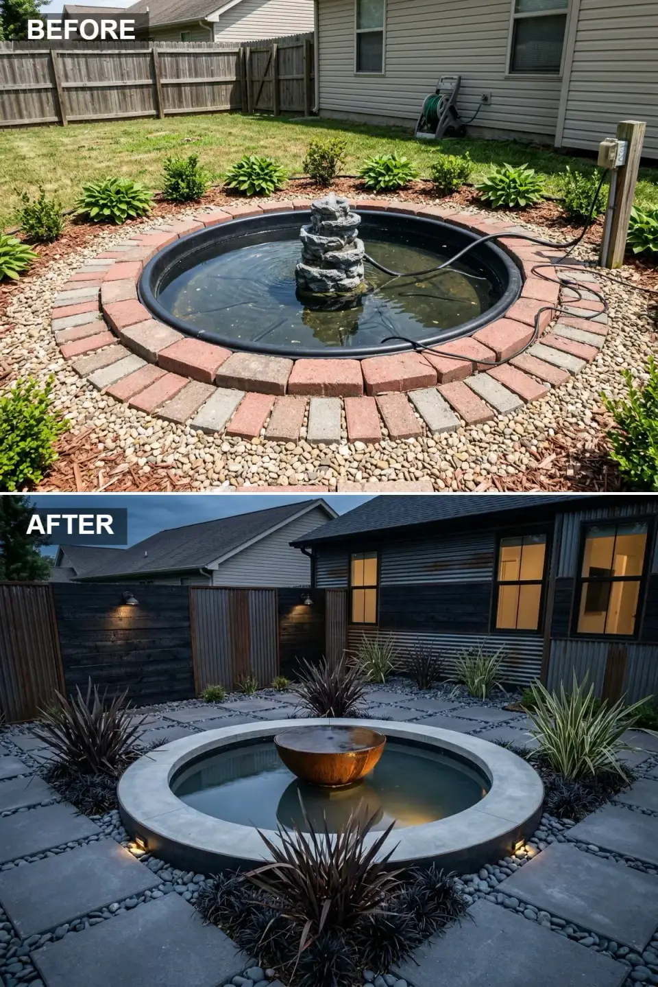 Industrial backyard pond with raw concrete coping copper bowl fountain charred wood fence corrugated metal and LED lighting