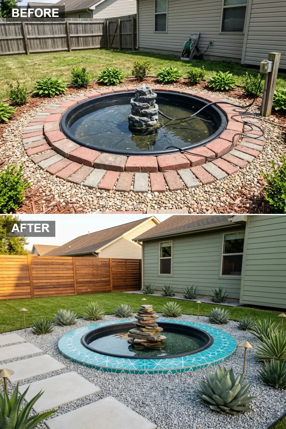 Southwestern pop backyard pond with turquoise mosaic tile sage green siding cedar fence gray gravel and stone cairn fountain