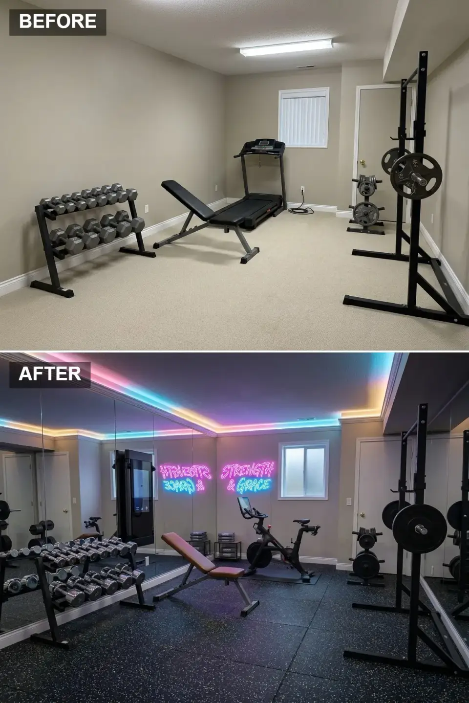 Basement home gym with floor-to-ceiling mirrors, pink and blue LED cove lighting, black rubber flooring, and a wall-mounted smart trainer