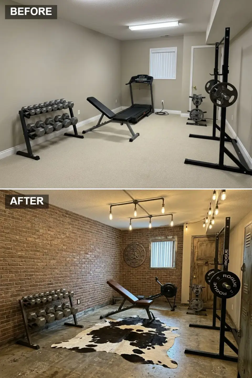Urban loft style basement home gym with faux red brick paneling on every wall, distressed concrete floor with cowhide rug, black pipe and Edison bulb light fixture, rustic wooden door, and vintage metal storage lockers