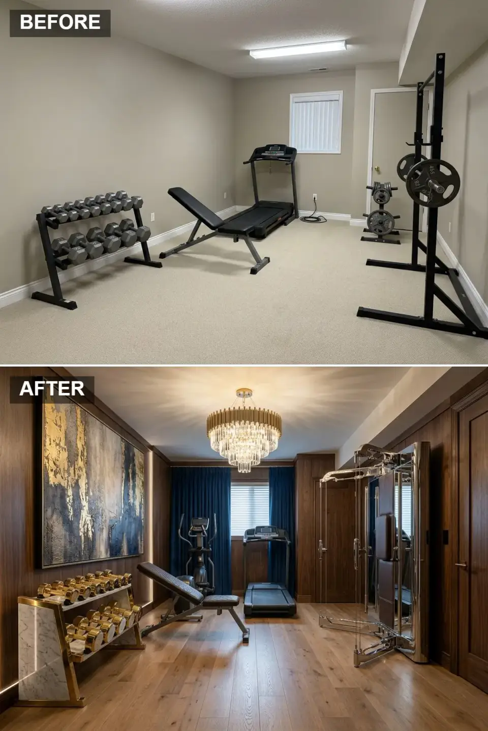 Luxury basement home gym styled like a five-star hotel wellness suite with dark walnut wood paneling, wide-plank oak floors, large crystal chandelier, navy floor-to-ceiling drapery, chrome and leather equipment, and a custom marble and gold dumbbell rack