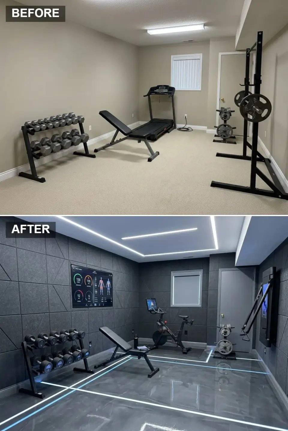Futuristic basement home gym with charcoal geometric acoustic panels on the walls, high-gloss grey epoxy floor with linear LED inlays, and a wall-mounted smart screen