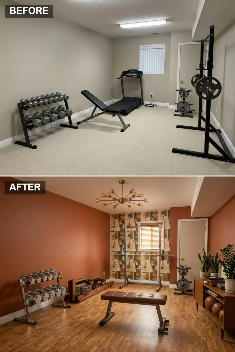 Mid-century modern home gym with retro geometric wallpaper feature wall, terracotta paint, wood-look vinyl plank floors, brass sputnik chandelier, and a wood water rower