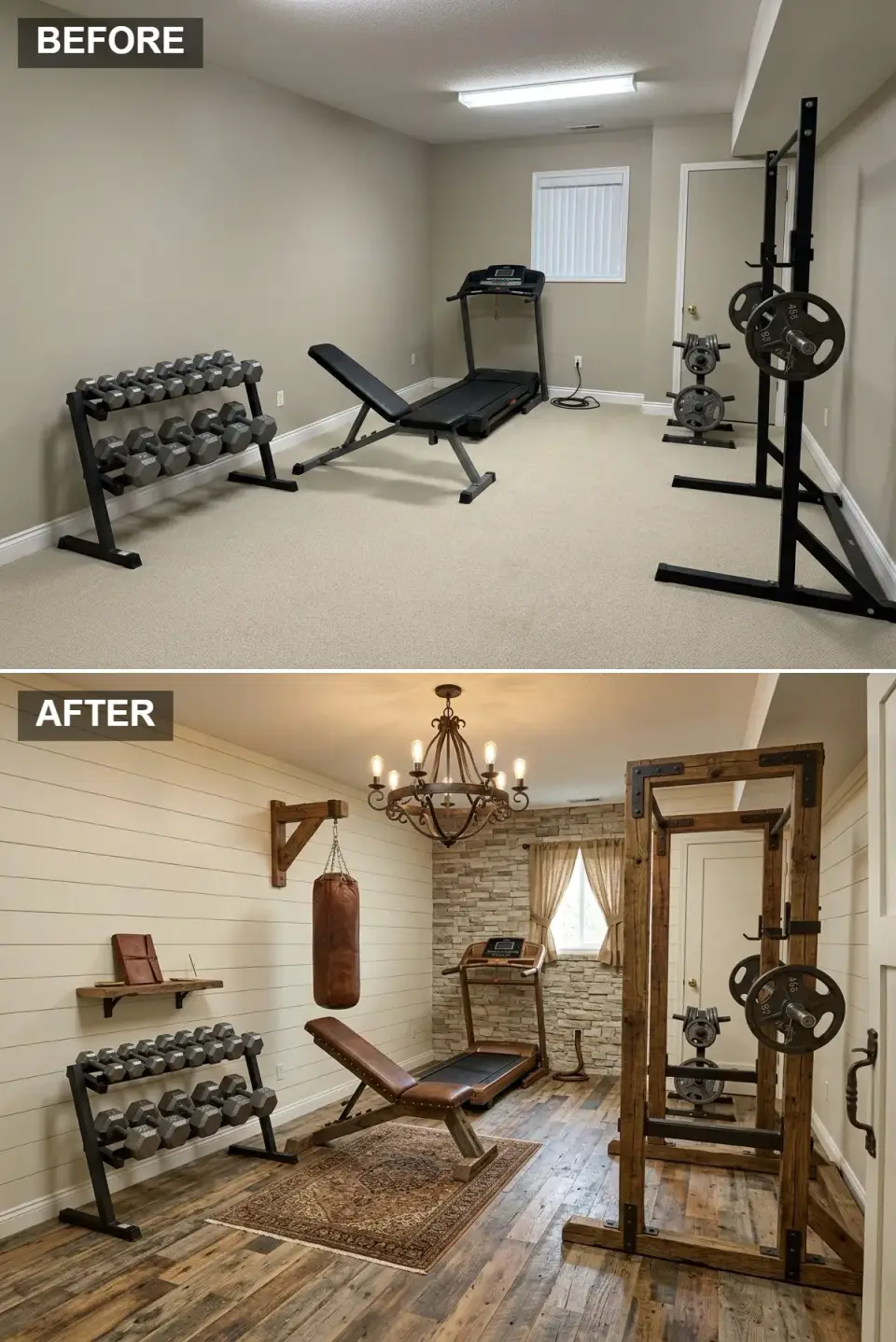 Industrial farmhouse home gym with white shiplap walls, stacked stone feature wall, reclaimed barnwood flooring, vintage area rug, iron and wood chandelier, and a custom timber squat rack