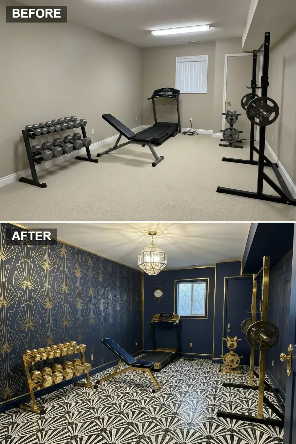 Art Deco basement home gym with navy and gold geometric fan wallpaper, black and white geometric tile floor, brass sputnik pendant, gold dumbbell rack, and a blue velvet weight bench