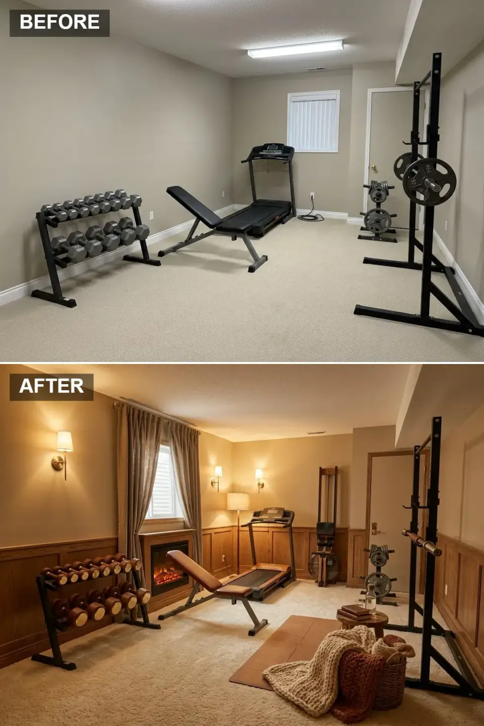 Traditional home gym den with oak wainscoting, warm beige upper walls, brass wall sconces, faux fireplace console, wood rowing machine, and chunky knit blankets in woven baskets