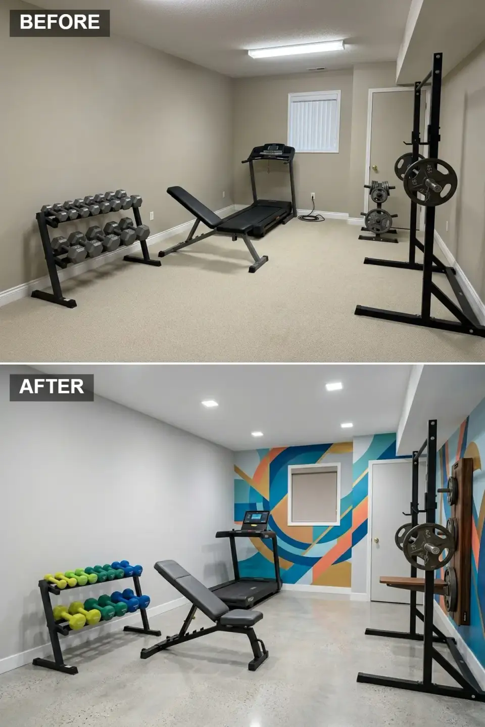 Modern basement home gym with pale grey walls, large geometric mural in teal, orange and deep blue, polished concrete floors, recessed LEDs, and a walnut wall-mounted weight rack with bright dumbbells